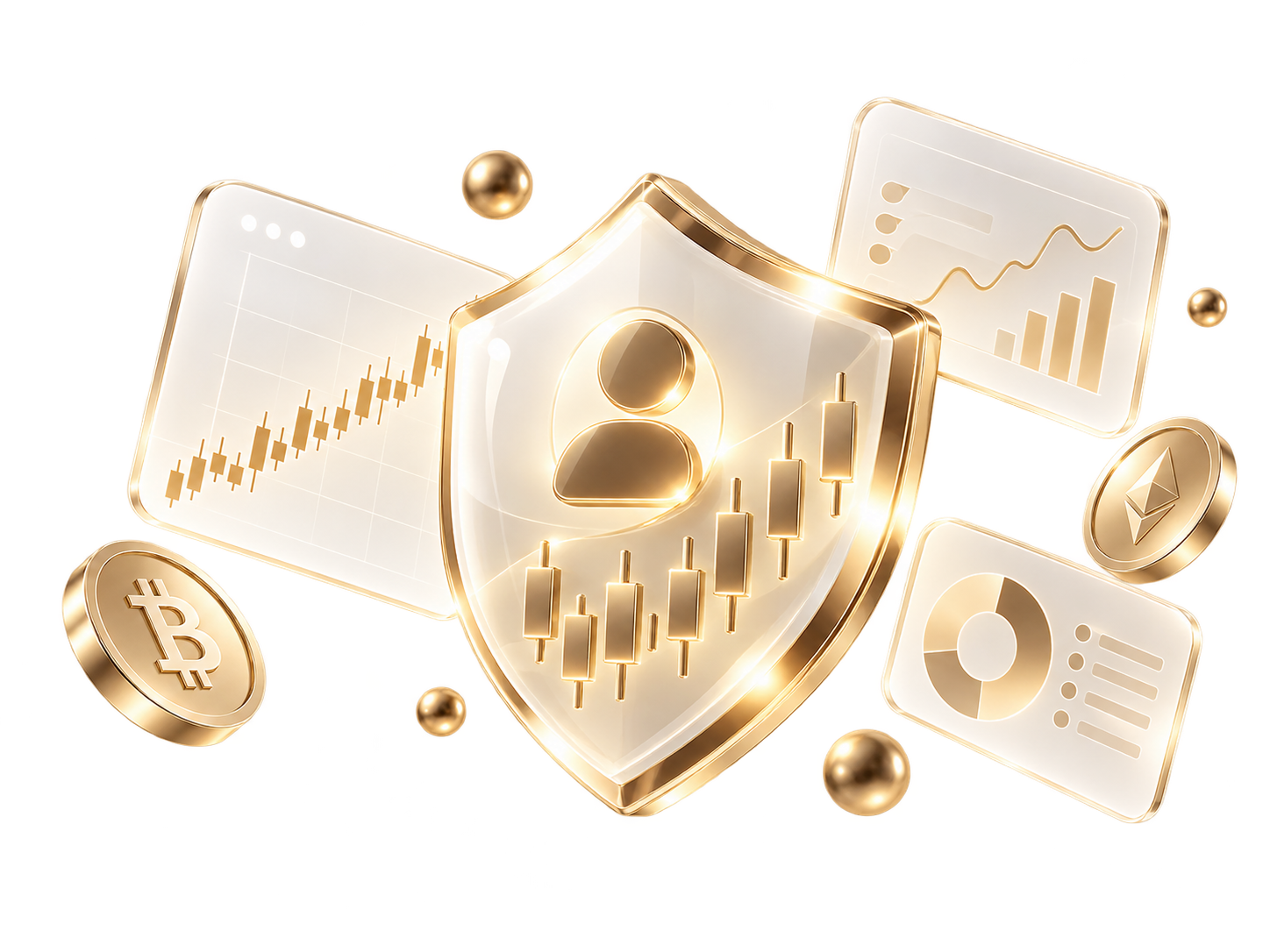 Golden shield surrounded by trading charts and assets